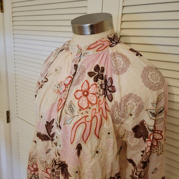 grizzly 90s Boho Floral Cotton Tunic Top Puff Sleeve Tie Hem Large - Picture 3 of 9